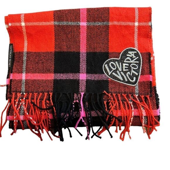 Victoria's Secret Accessories - Victorias Secret Red Soft Winter‎ glitter logo Check Plain Fringe Shawl Scarf
